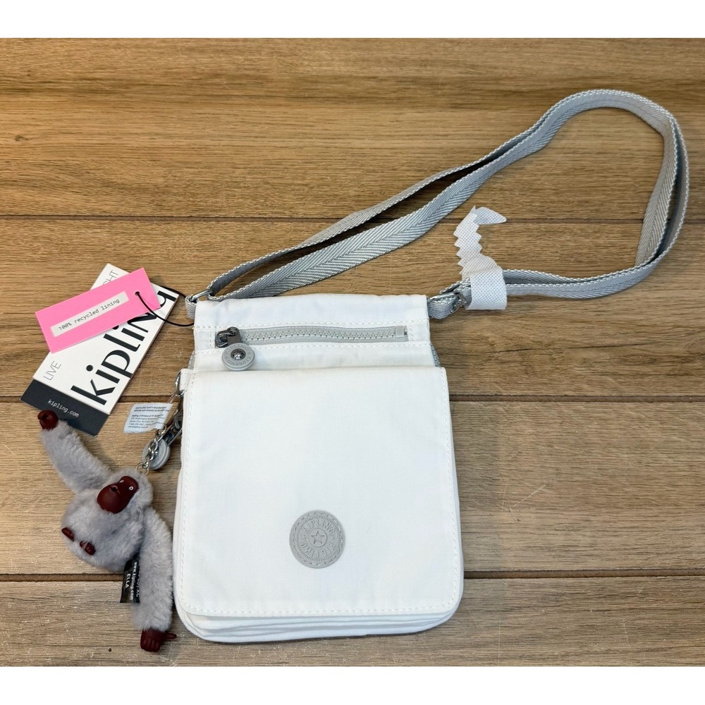 Kipling North West Eldorado White Gray Crossbody Shoulder Bag Monkey Charm NWT